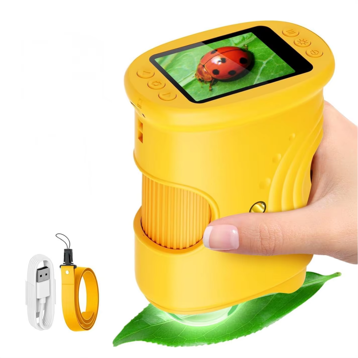 Mini Pocket 1000X microscope with ladybug on screen, USB-C cable and lanyard included — 3256809371507080-Y, 3256810283375443-W, 3256809371507080-P, 3256810283375443-P