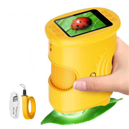 Mini Pocket 1000X microscope with ladybug on screen, USB-C cable and lanyard included — 3256809371507080-Y, 3256810283375443-W, 3256809371507080-P, 3256810283375443-P
