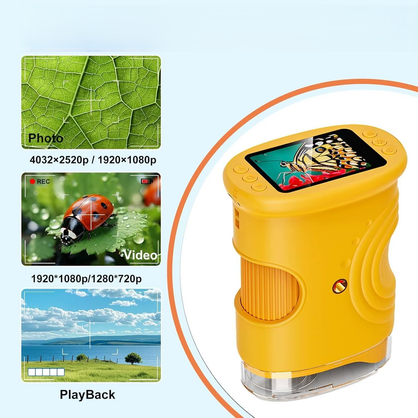 Mini Pocket digital microscope camera specs 4032x2520 photo 1920x1080 video playback samples — 3256809371507080-Y, 3256810283375443-W, 3256809371507080-P, 3256810283375443-P