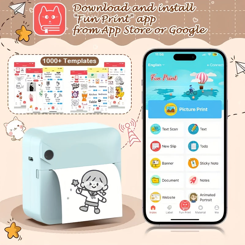 Mini thermal pocket printer wireless Bluetooth inkless label sticker maker portable photo printer Black, White, Blue, Pink