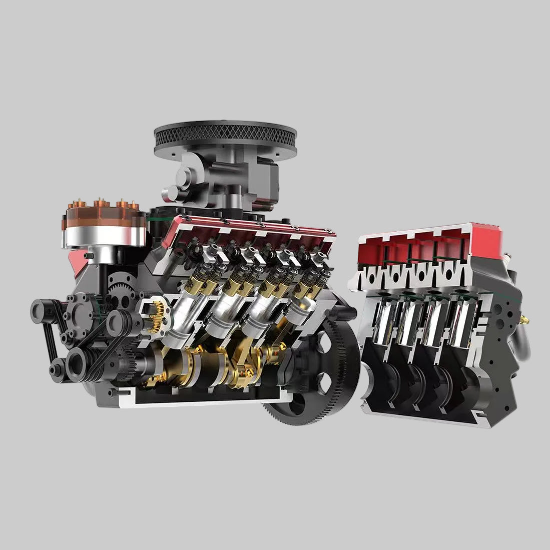 v8 engine model cutaway showing pistons crankshaft internals working four stroke gasoline toyan fs-v800 stem, kit or pre-assembled