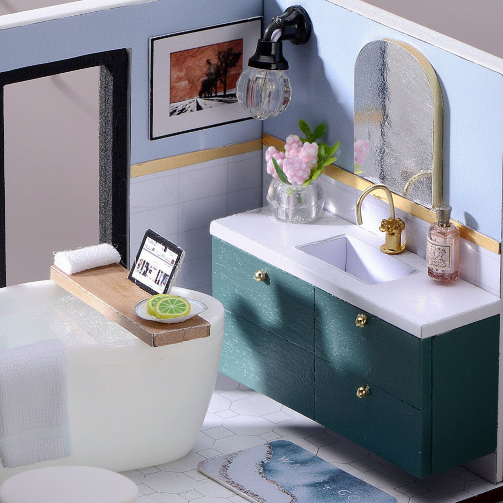 miniature dollhouse bathroom detail with bathtub dark green vanity brass faucet pink florals 1:24 scale diy craft — Green, Blue, Pink