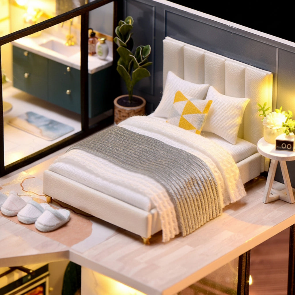 miniature apartment dollhouse blue bedroom with white tufted headboard yellow geometric pillow grey knit throw 1:24 scale diy — Blue