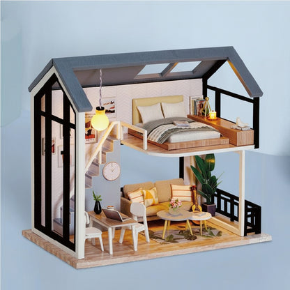 diy miniature apartment dollhouse kit blue two-story loft 1:24 scale with bedroom kitchen living room furniture led lamp — Blue