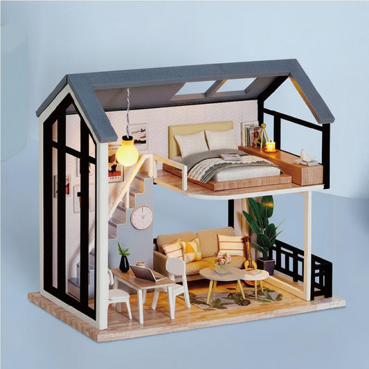 diy miniature apartment dollhouse kit blue two-story loft 1:24 scale with bedroom kitchen living room furniture led lamp — Blue