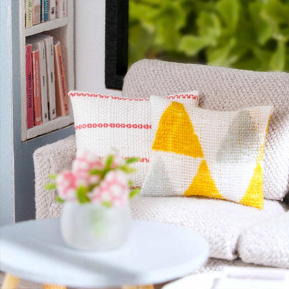 miniature apartment dollhouse blue beige sofa close-up with yellow geometric pillows bookshelf diy 1:24 scale craft kit — Blue