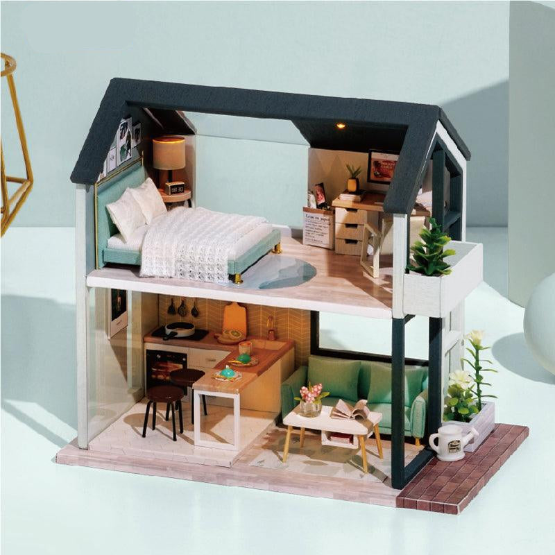 diy miniature apartment dollhouse kit green two-story loft 1:24 scale with bedroom kitchen living room furniture led lamp — Green