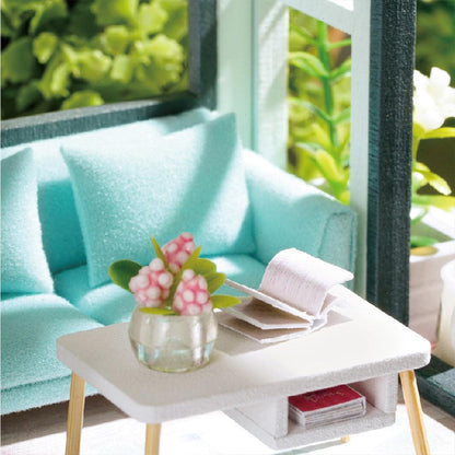 miniature apartment dollhouse green mint sofa close-up with coffee table flowers plants diy 1:24 scale wooden craft kit — Green