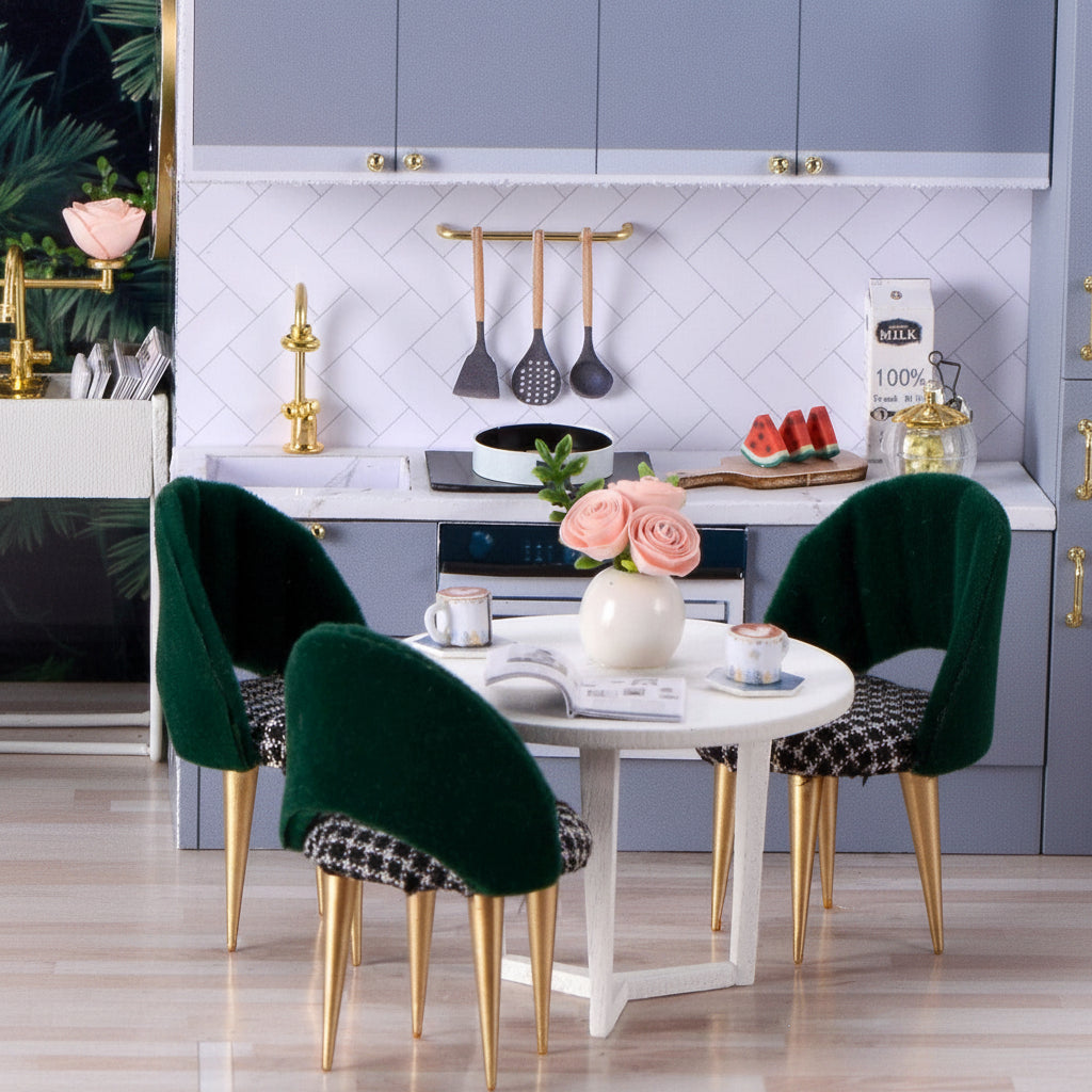 miniature dollhouse kitchen dining detail with dark green velvet chairs blue cabinets gold accents 1:24 scale diy craft — Green, Blue, Pink