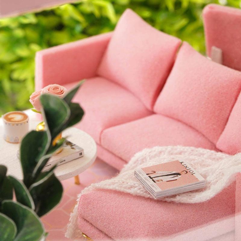 miniature apartment dollhouse pink sofa close-up with magazines plants white knit throw diy 1:24 scale wooden craft kit — Pink