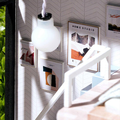 miniature apartment dollhouse gallery wall art prints chevron wallpaper led pendant lamp diy 1:24 scale interior detail — Green, Blue, Pink