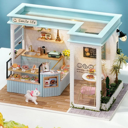 diy miniature smile life cafe dollhouse kit blue 1:24 scale wooden bistro deli model with led lights and dust cover — Blue