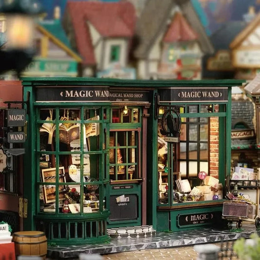 miniature magic shop diy building kit lit at night, 1:24 scale wizard potion shop for a bookshelf display