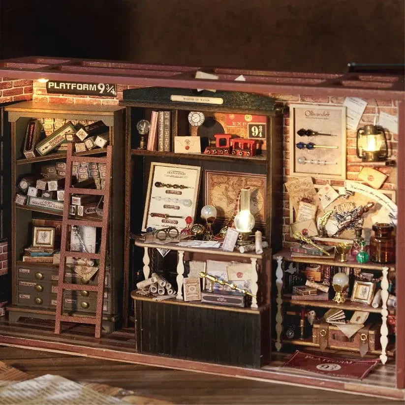 fantasy book nook slotted between books, miniature potion shop diorama for a home library or reading corner