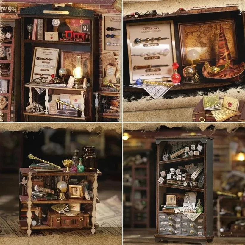 diy miniature house kit with led lighting, warm glowing magic shop scene for a desk lamp style night light