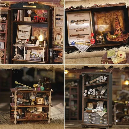 diy miniature house kit with led lighting, warm glowing magic shop scene for a desk lamp style night light