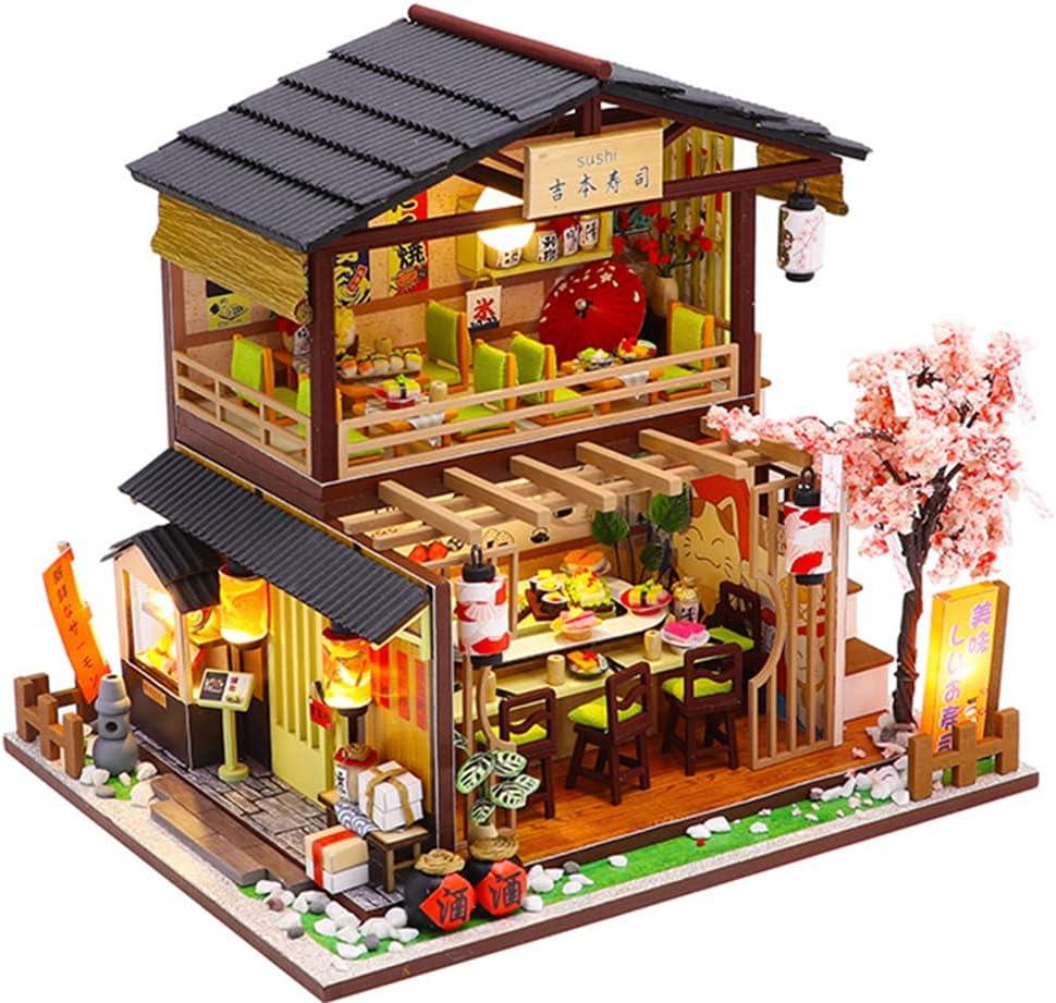 miniature sushi restaurant kit diy japanese dollhouse model with led lights and music box for adult crafters