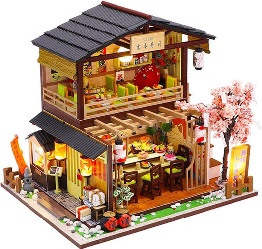 miniature sushi restaurant kit diy japanese dollhouse model with led lights and music box for adult crafters