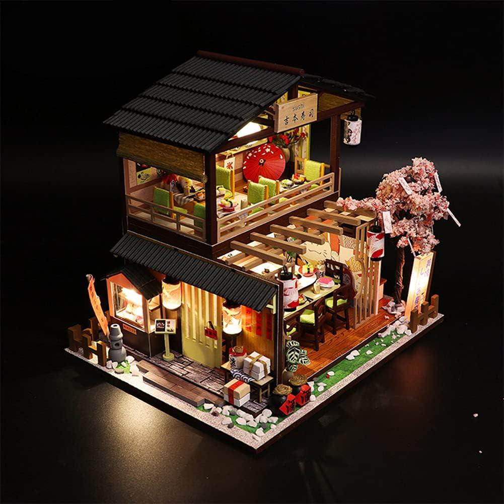 japanese sushi bar miniature house kit in 1 to 24 scale with tiny sushi displays and wooden dining furniture