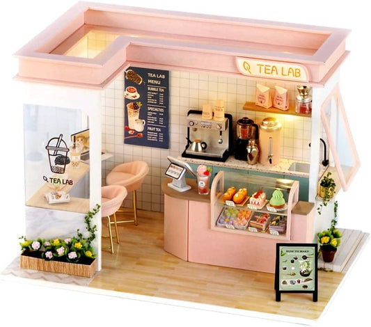 diy miniature dollhouse kit pink bubble tea cafe shop 1:24 scale wooden craft model with led lights for adult hobby — Pink