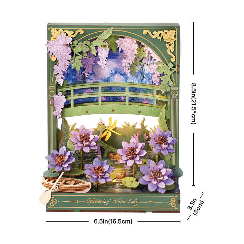 wooden puzzle diorama with glowing led pond scene and wisteria bridge for desk and shelf decor Water Lily