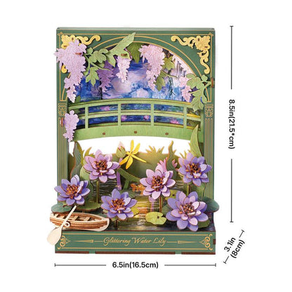 wooden puzzle diorama with glowing led pond scene and wisteria bridge for desk and shelf decor Water Lily