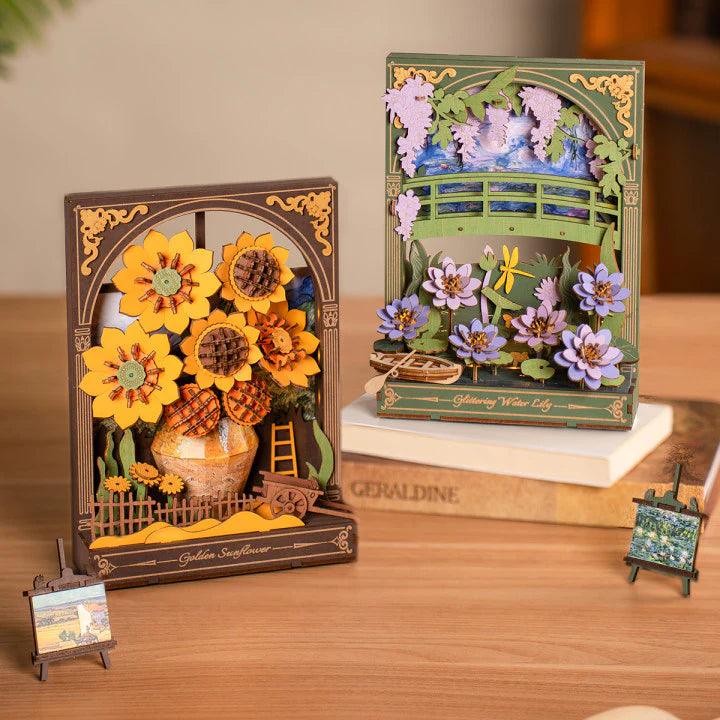 pair of lit wooden art dioramas displayed together as matching shelf decor and anniversary gift Water Lily & Sunflower