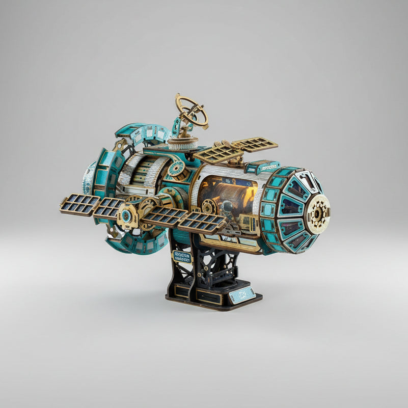 self-running space station wooden model with rotating solar panels and antenna, collectible sci-fi room centerpiece, Sky Blue