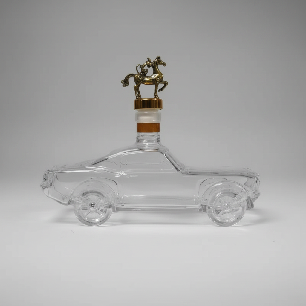 Mustang Car Whiskey Decanter Bourbon Bottle Blanton's Glass Shaped Man Cave Bar Decor with Jockey Horse Cap