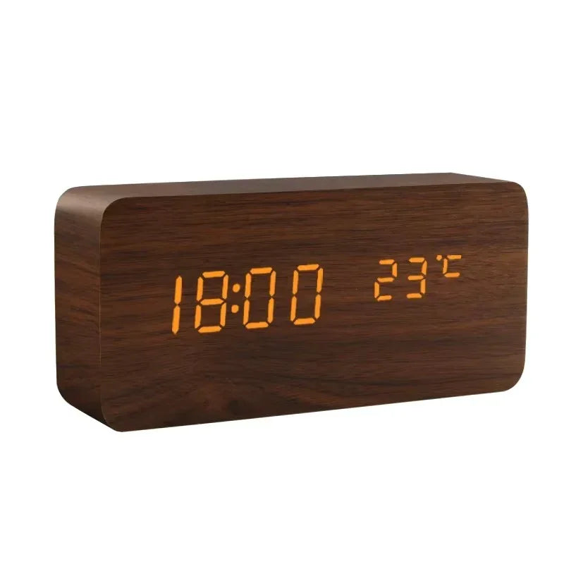 wooden led alarm clock in a dark walnut tone case with amber digits for rustic bedroom decor Brown