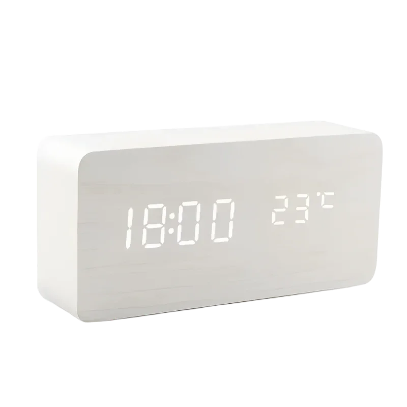 wooden led alarm clock in a pale painted case for a bright minimalist bedroom nightstand display White