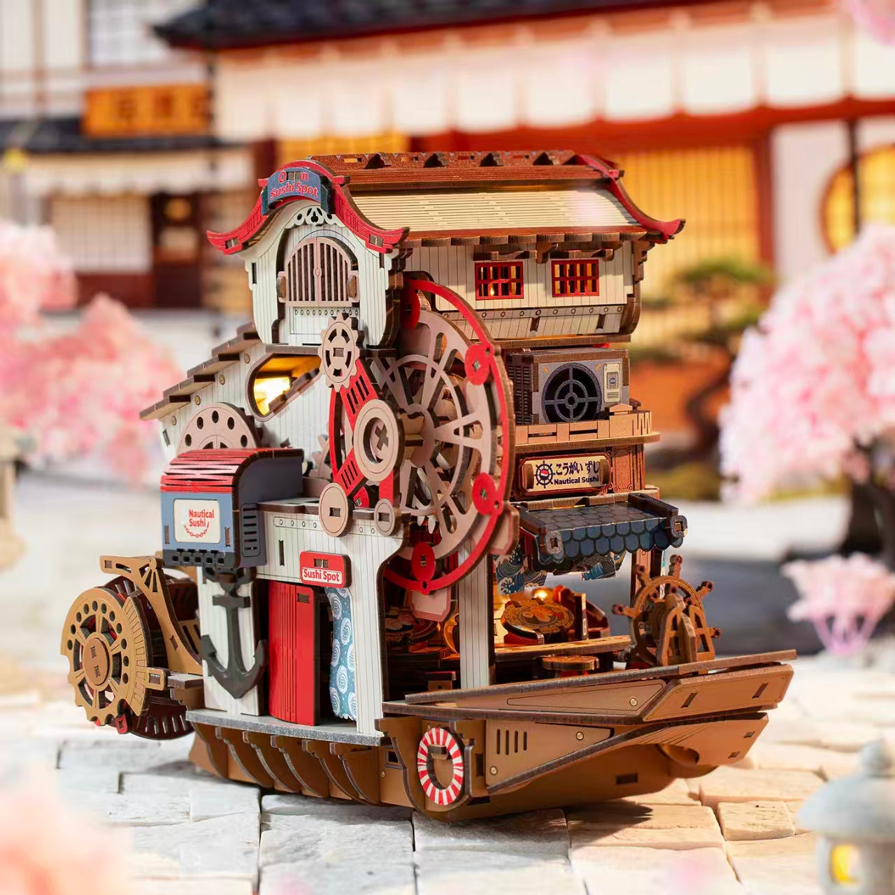 anime japanese miniature wooden puzzle LED cherry blossom scene display room decor adult hobby kit asian landmark