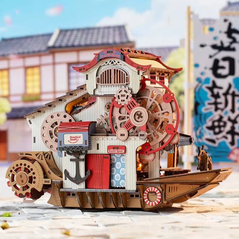 mechanical gear wooden puzzle ship model kit japanese building paddle wheel hobbyist collectible adult engineering