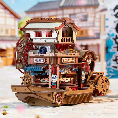 DIY wooden model kit japanese sushi restaurant craft paddle wheel ship puzzle adult collectible hobbyist back design