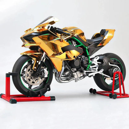 RC motorcycle collectible with LED dashboard lighting and key start ignition, display bike model in Gold