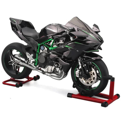 Motorcycle display model mounted on paddock stands, collectible superbike decor for desk or shelf setups