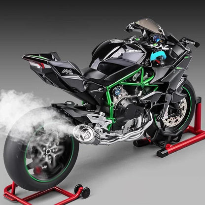 Die-cast RC bike with functional suspension and replica disc brakes, motorcycle collectible in Black