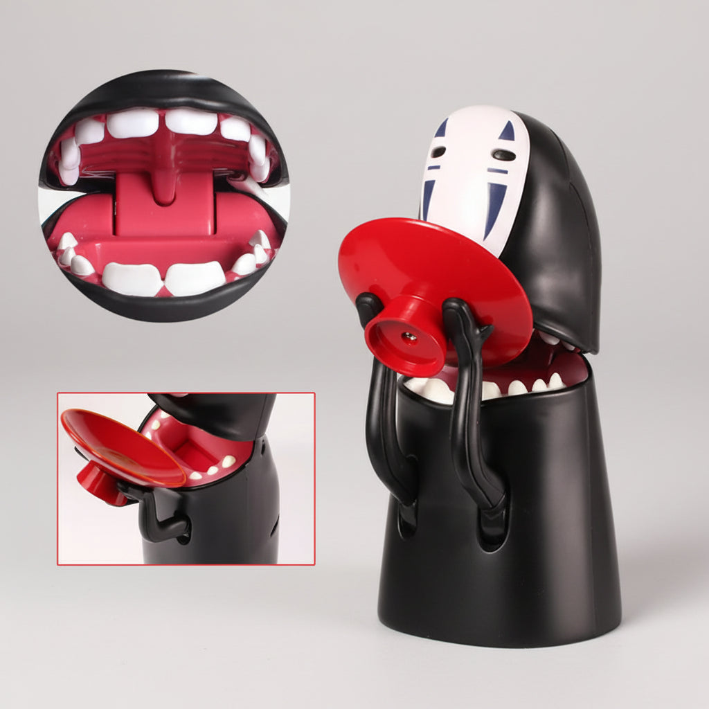 no face money box mouth opens to swallow each coin automatically, musical kaonashi coin eating bank anime fan gift
