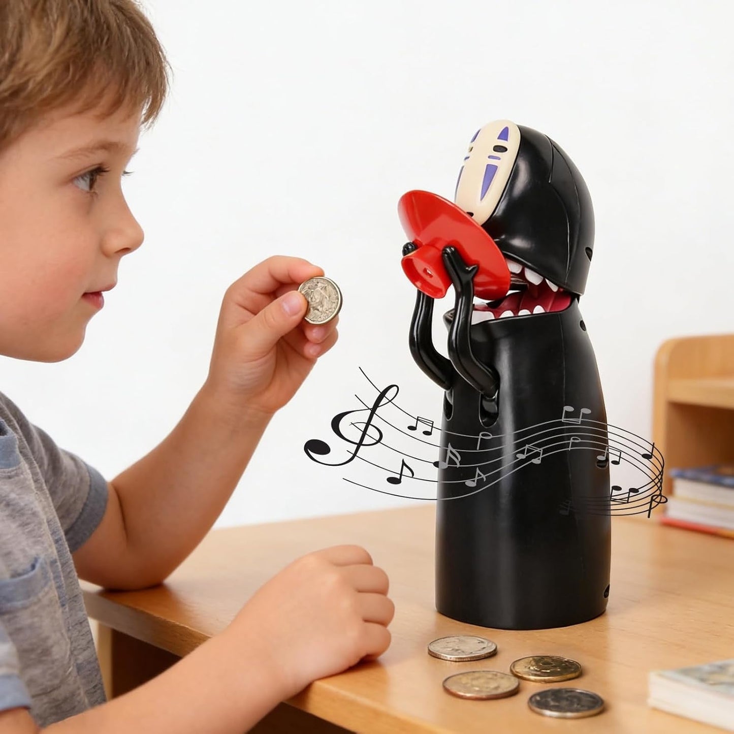 faceless man piggy bank kids feed a coin and no face eats it with music, fun anime birthday gift for boys and girls