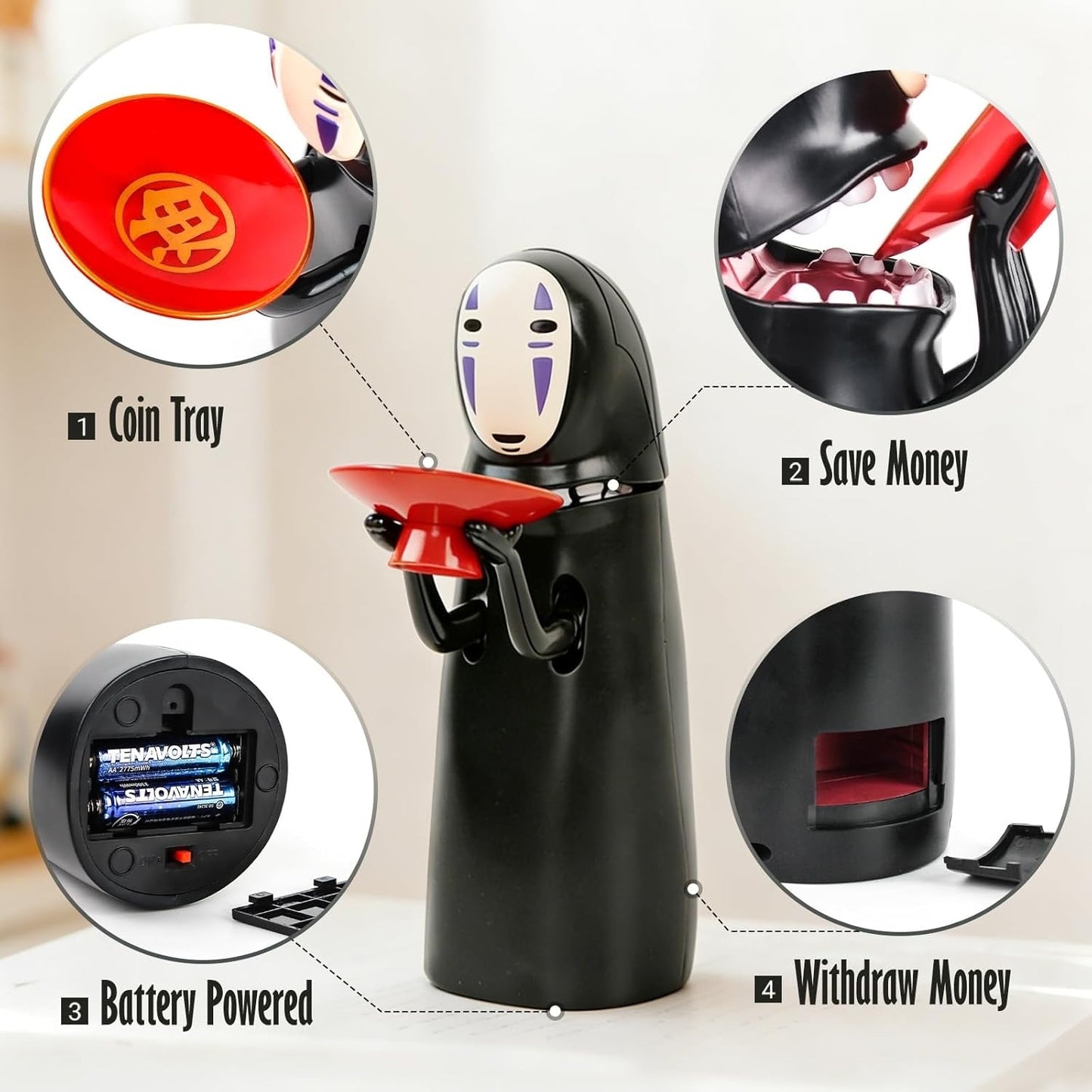 automatic coin eating no face bank with red coin tray, music sound and battery power, kaonashi savings box for coins