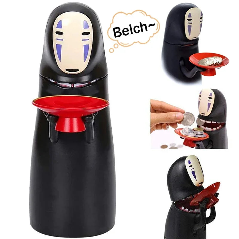 no face automatic coin bank eats coins and belches for laughs, kaonashi anime money box gift for boys girls and fans