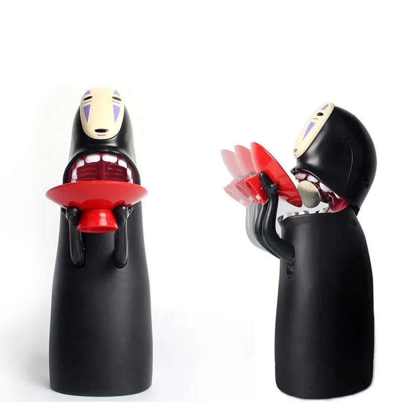animated no face money bank arm lifts the coin and figure eats it, automatic kaonashi coin saver anime gift for teens
