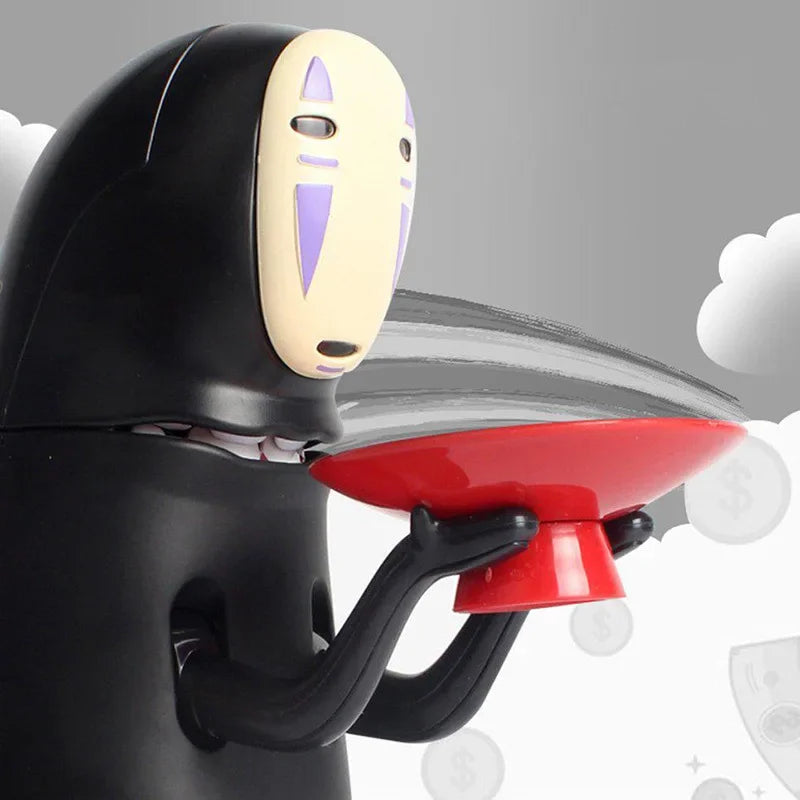 no face coin bank holds coin on red tray then eats it, viral automatic money munching piggy bank novelty anime gift