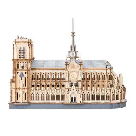 notre dame wooden puzzle assembled as a 3d gothic cathedral model with twin bell towers and central spire