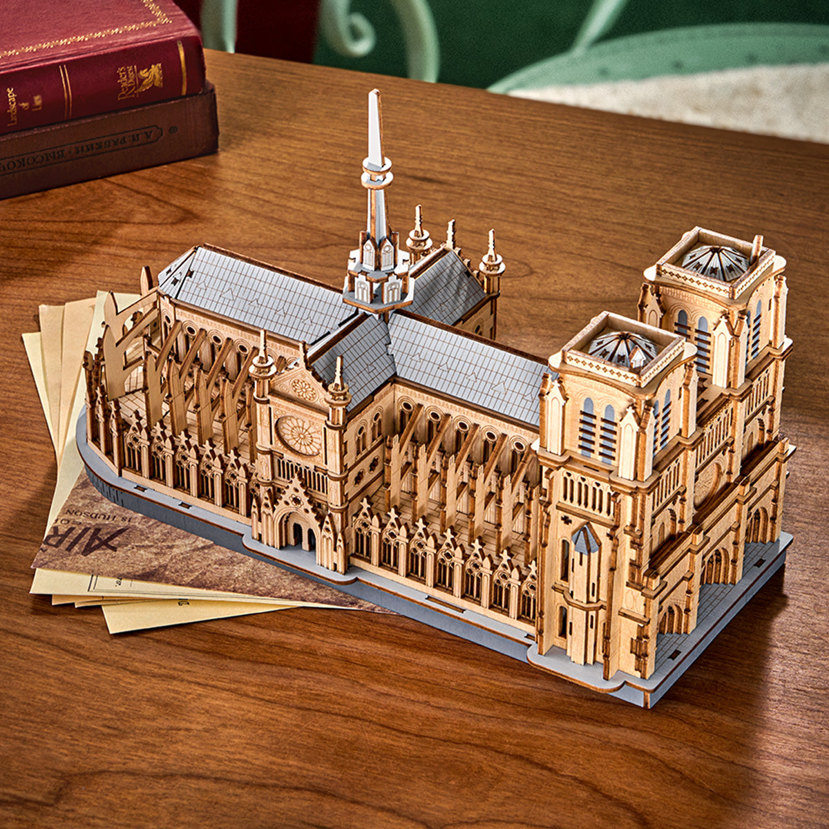 notre dame cathedral 3d puzzle in wood showing flying buttresses and rose window detail for architecture fans
