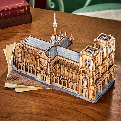 notre dame cathedral 3d puzzle in wood showing flying buttresses and rose window detail for architecture fans