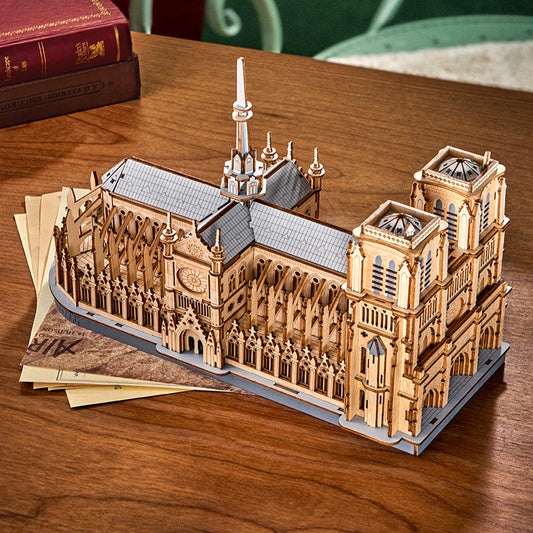 notre dame cathedral 3d puzzle in wood showing flying buttresses and rose window detail for architecture fans