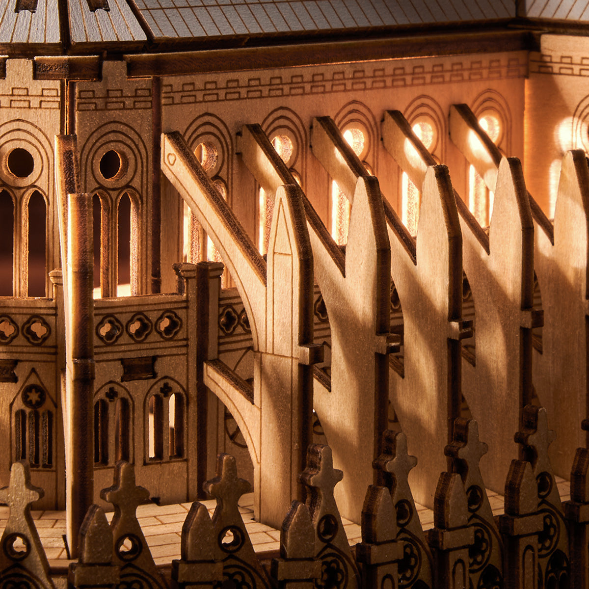 wooden cathedral model detail with gothic arches and layered roof ribs, architecture gift for history readers