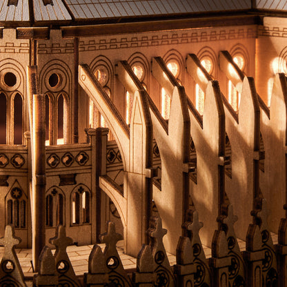 wooden cathedral model detail with gothic arches and layered roof ribs, architecture gift for history readers