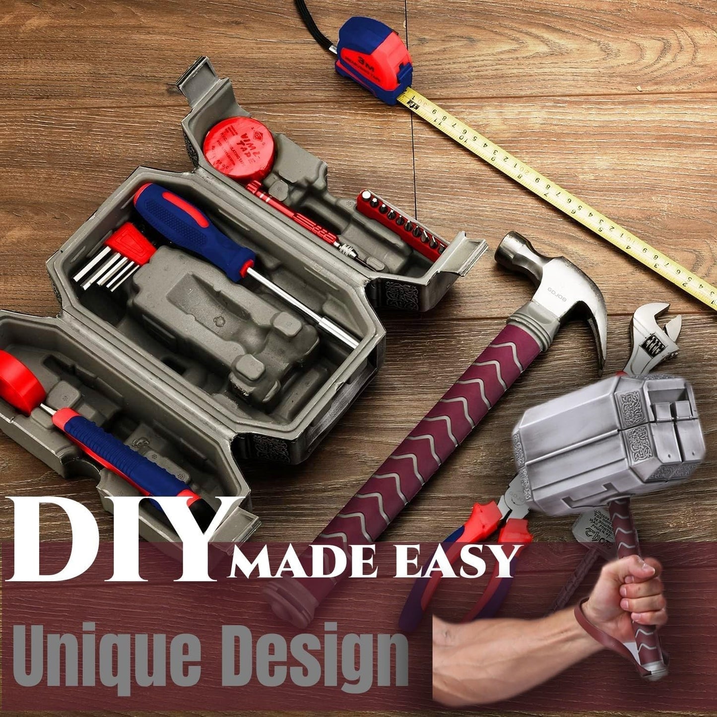 Novelty Thor hammer tool box with unique mjolnir design, all-in-one home repair tool kit and conversation piece gift for him